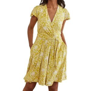 BODEN Evangeline chartreuse Short Sleeve V-Neck Flowy Casual Jersey Wrap Dress 8